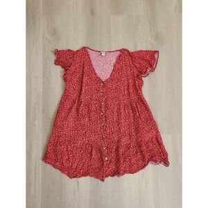 Ava & Viv Coral-Red Ditsy Floral Button-Front Tier Cottagecore Mini Dress X/14